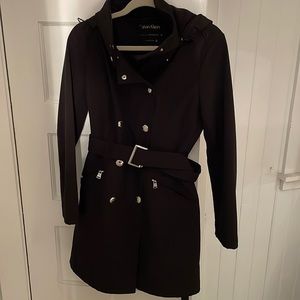 Calvin Klein L black raincoat w/button & zipper closure, removable hood & belt